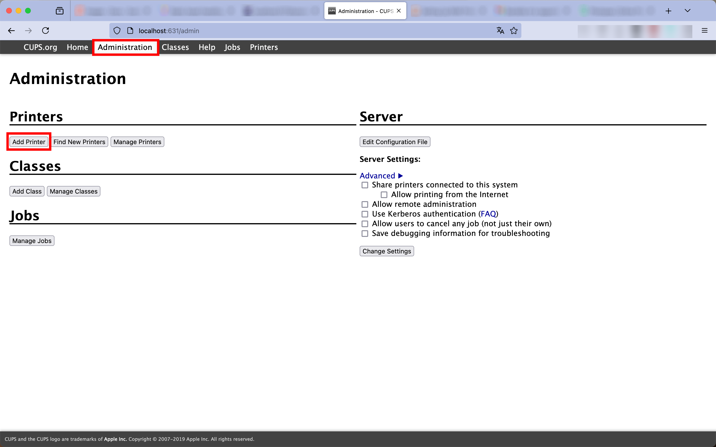 Page d'administration de CUPS