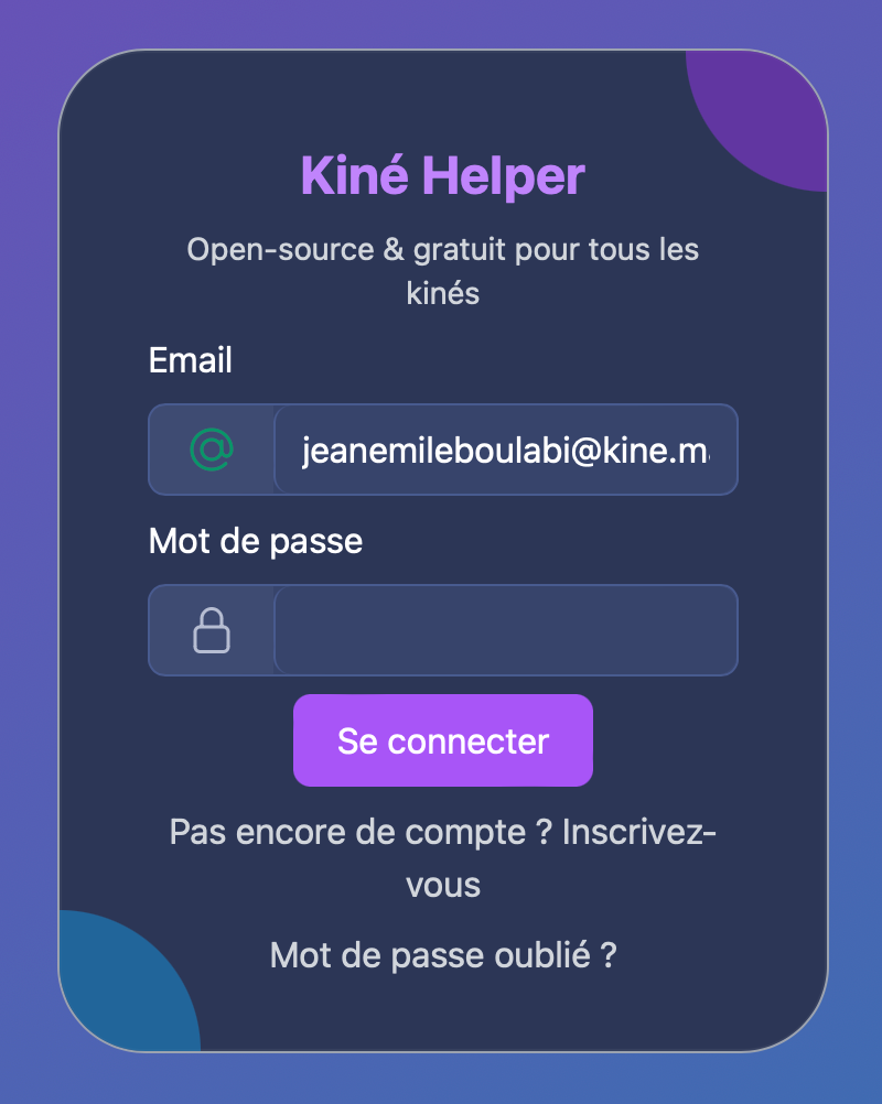 Écran de connection de Kiné Helper