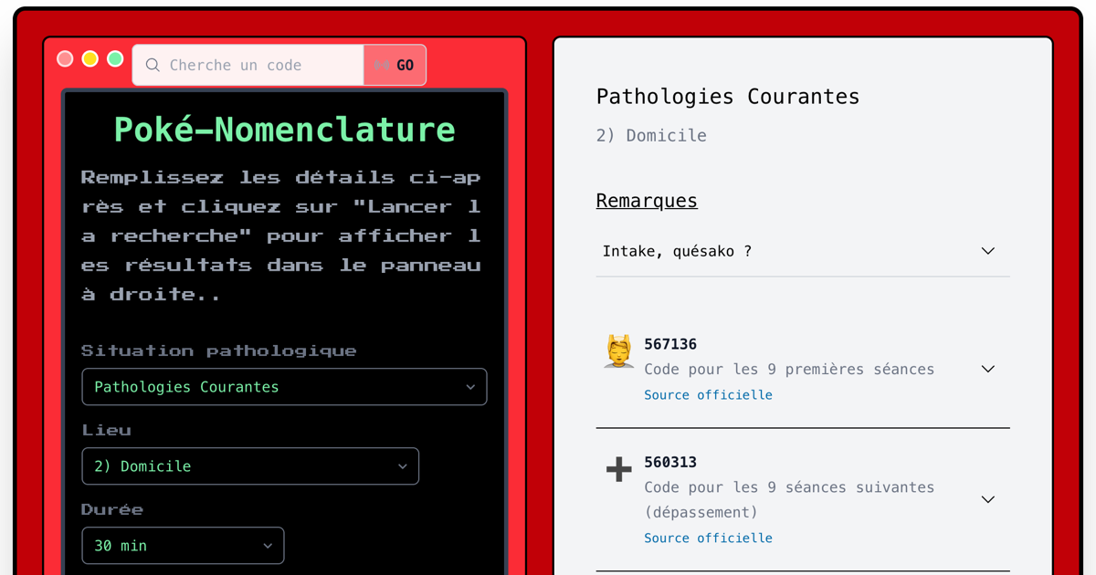 Screenshot der Poké-Nomenclature: Suchformular und Liste mit Nomenklaturcodes